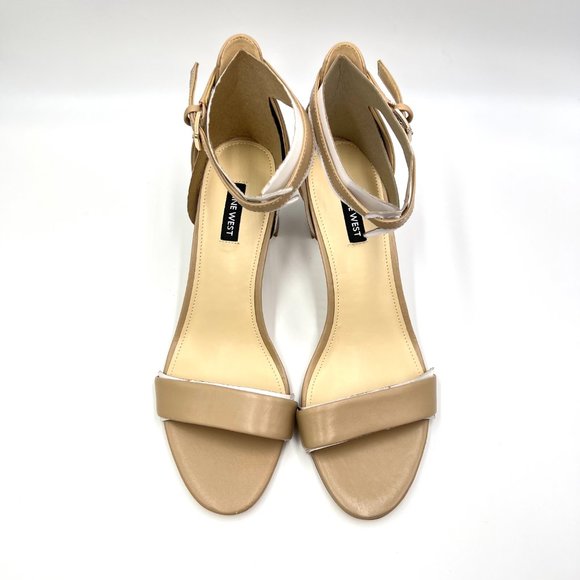 Nine West Size 10 Natural Nude Tan Beige Leather Block Heels Sandals Shoes - Picture 3 of 14